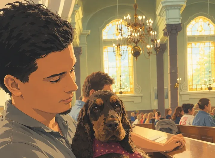 Illustration of Koen with his brown English cocker spaniel on his lap